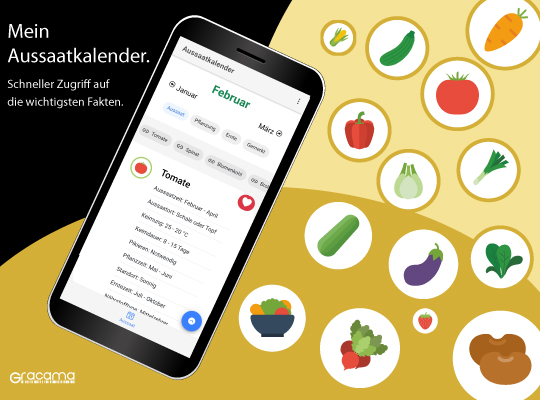 Bild der App GRACAMA Mein Aussaatkalender. Es ist ein Smartphone mit der Anwendung neben verschiedenen Gemüsesarten abgebildet.