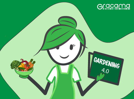 Bild der App GRACAMA Mein Gemüsebeet. Es ist die GRACAMA-Figur abgebildet. In der einen Hand hält sie eine Schüssel mit Gemüse und in der anderen Hand ein Schild.