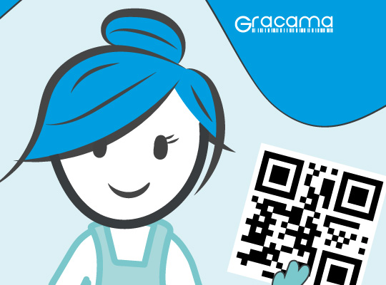 Bild der App GRACAMA Meine Pflanzen. Es ist die GRACAMA-Figur mit einem QR-Code abgebildet.